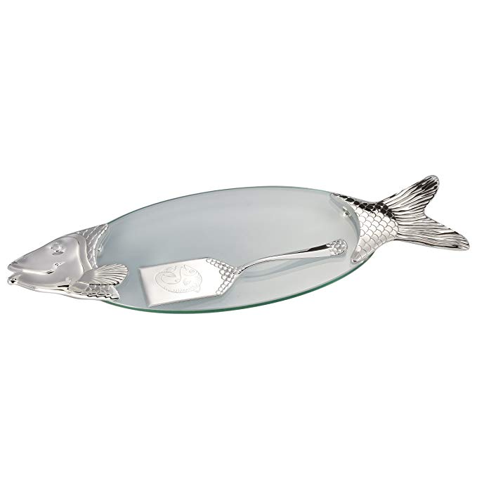 FISH TRAY WITH SERVER - GLASS AND SILVER FISH TRAY WITH SERVER