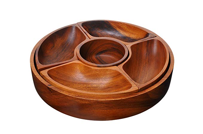 BirdRock Home 5 Section Wood Chip and Dip Bowl Set | Acacia Wood