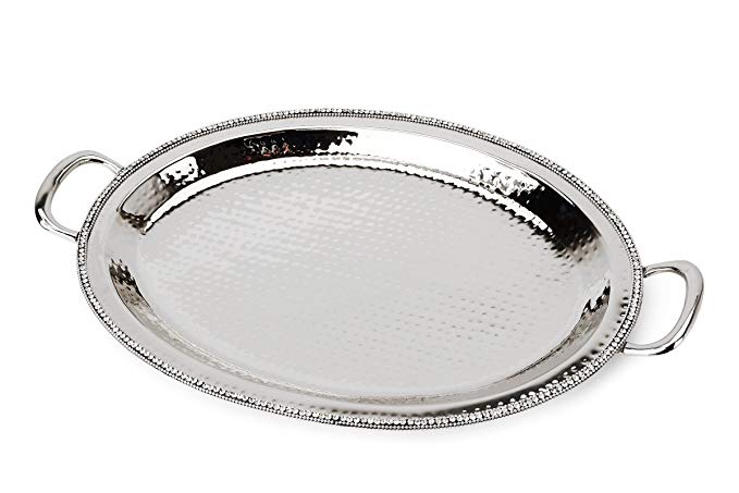 Classic Touch SDT884 Hammered Stainless Steel Oval Tray, Trimmed with Exquisite Diamonds