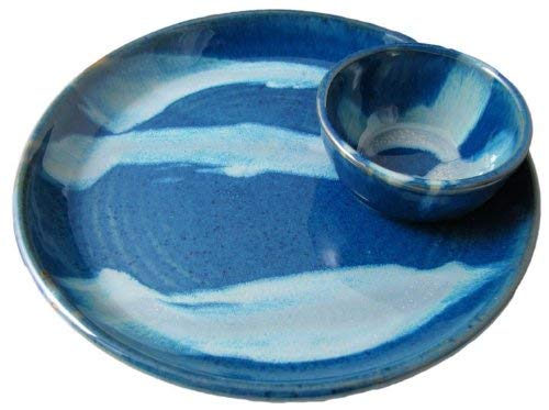 PRADO STONEWARE COLLECTION - Nacho/Salsa Tray One Piece Chip & Dip Plate With Attached Bowl - Royal Blue