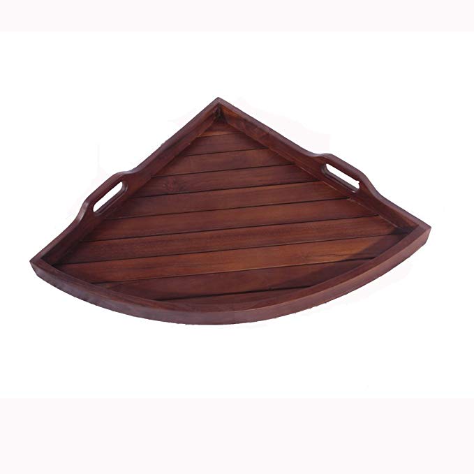 Medium Corner Solid Teak Serving Amenity Display Tray- 14 Inches X 19 Inches Across- For Bathroom, Kitchen, Patio, Bedroom