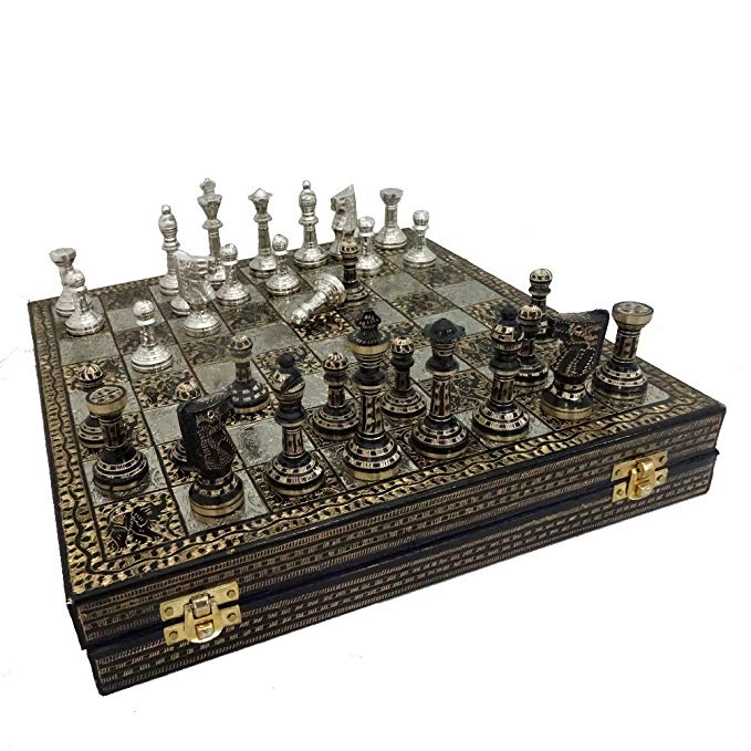 Antique Wooden Indian Chess Meenakari Work Handmade Elephant Chess Game Traditional Wood Table Top Metal Chess 32 Peaces Gift Collection