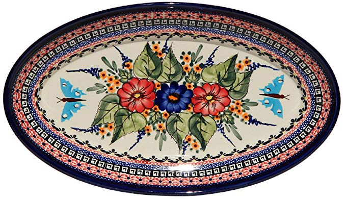 Polish Pottery Large Oval Serving Platter From Zaklady Ceramiczne Boleslawiec 1104-149ar Unikat Signature Pattern, Dimensions: 14 Inch X 8 Inch