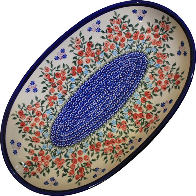 Polish Pottery Ceramika Boleslawiec 0704/282 Royal Blue Patterns 4-Cup Karp Platter, 14-1/8 by 8-7/8-Inch, Red Berries and Daisies