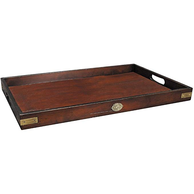 Serving Tray Large From Authentic Models - Butler's Wooden Tray, Solid Wood in French Finish with Brass Hardware Accents - FF102