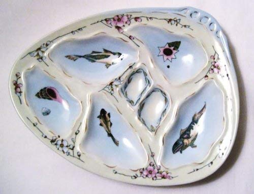 Fish Shell Floral Flowers Porcelain Oyster Plate Gold Accent