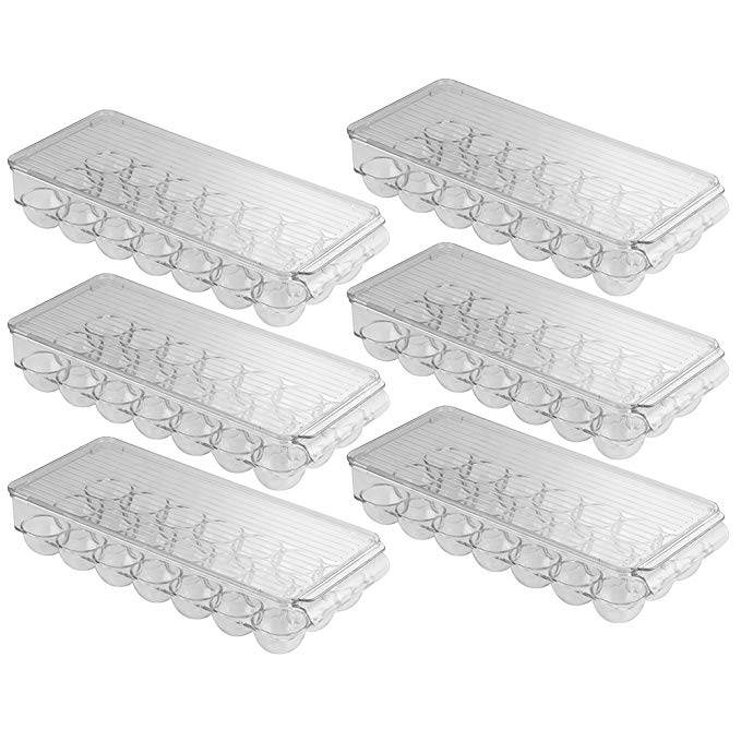 InterDesign Covered Egg Holder - Refrigerator Storage Container, 21 Egg Tray, Clear, Set of 6