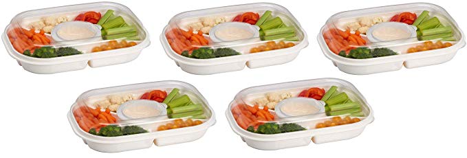 Party Platter Divided Portable Party Serving Tray Serving-Ware With Lid, |6| Extra Large Compartments for Dip, Appetizers, Snacks, Veggies, Chips and Holiday Foods by Buddeez (5-(Pack))