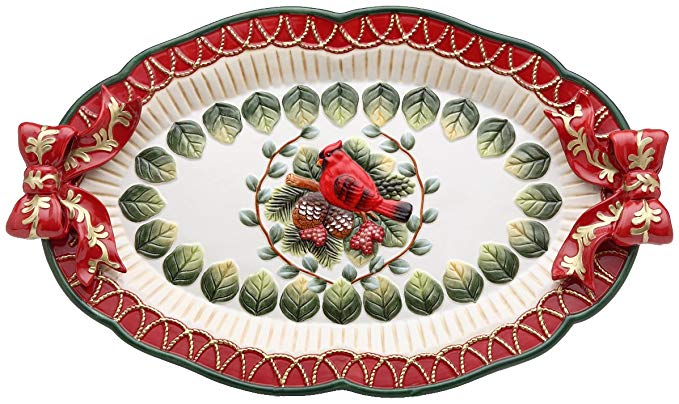 Cosmos Gifts 17 7/8-Inch Evergreen Holiday Cardinal Platter