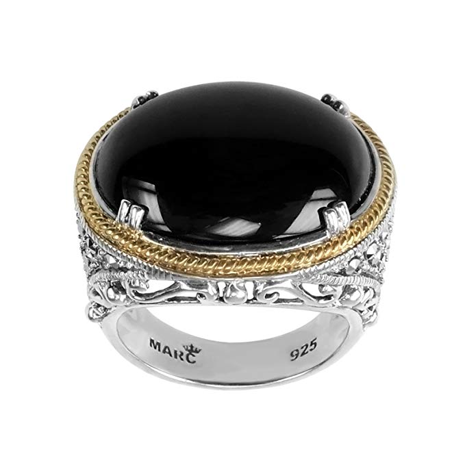 Aura 925 Sterling Silver Marcasite and Black Onyx Gemstone with Gold Rope Ring, Size 7