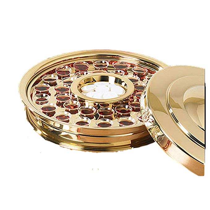 Stackable Communion Tray with Center Bread Plate & Tray Cover - Stainless Steel Brass Tone