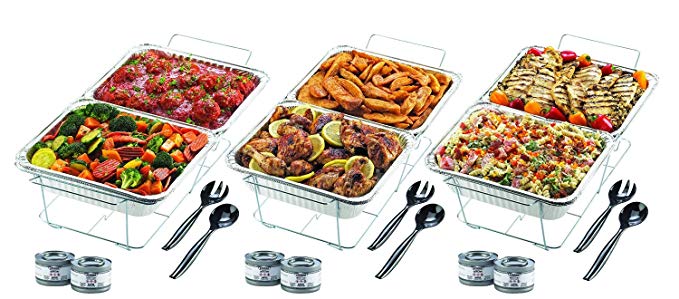 32-PC Chafer Warming Set Holds 8 Dishes: Wire Stands - Aluminum Pans - Sternos - Serving Utensils