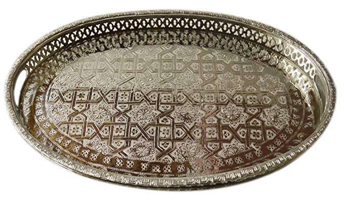 Moroccan Tea Tray Serving Cocktail Brass Plated Handmade Fez Large Oval