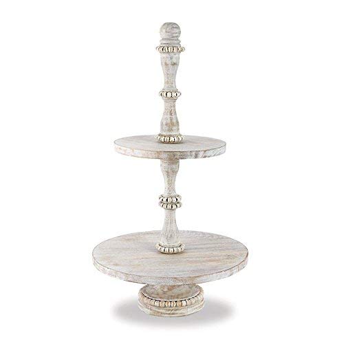 Mud Pie Cottage Collection Beaded Wood Tiered Server Serving Plate 23