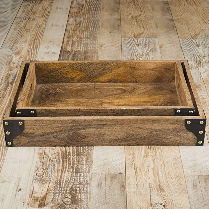 Rusticity Wooden Serving Tray for Dining/Breakfast / Coffee Table - Leather Corners - Set of 2 | Handmade | (16.2 x 4 x 10.2 in)