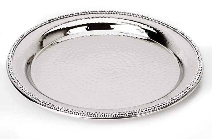 Classic Touch SDP740 Hammered Stainless Steel Round Platter, Trimmed with Exquisite Diamonds