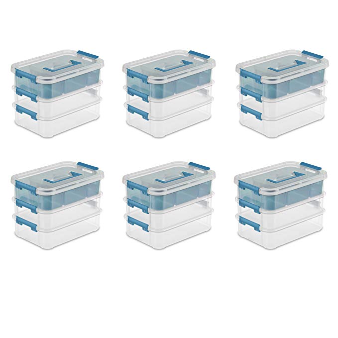 Sterilite 14138606 Stack & Carry 3 Layer Handle Box & Tray, Clear w/ Blue Aquarium Handle & Latches w/ Freshwater Tint Tray, 6-Pack