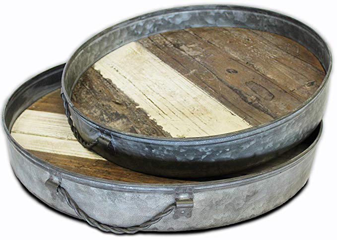 Wood And Metal Tray, Old Barn Wood Tray With Swivel Handles by Urban Legacy … (Round)