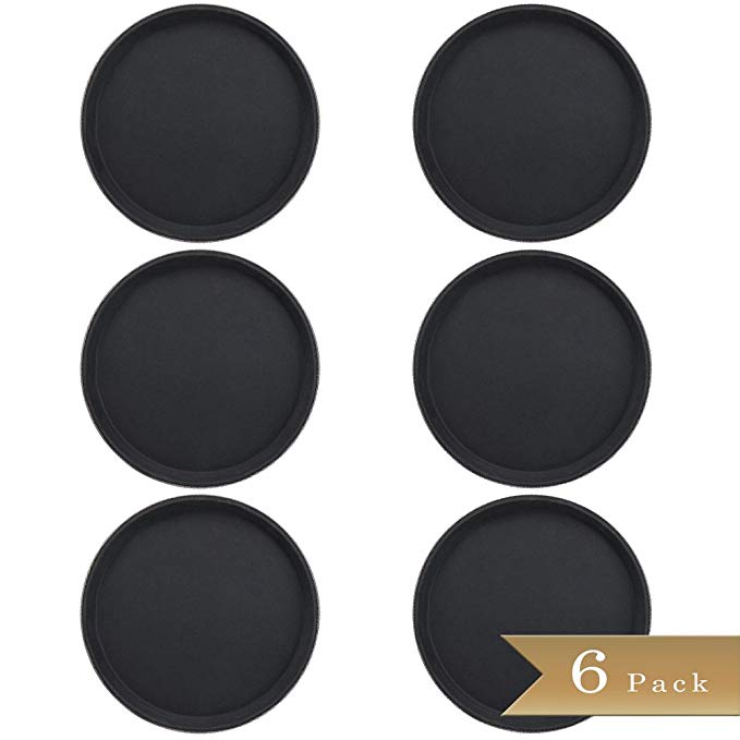 Set of 6 - TrueCraftware Round Non-Slip Serving Trays - Plastic Tray with Top Rubber Lining - Waiter Tray - Black - 16