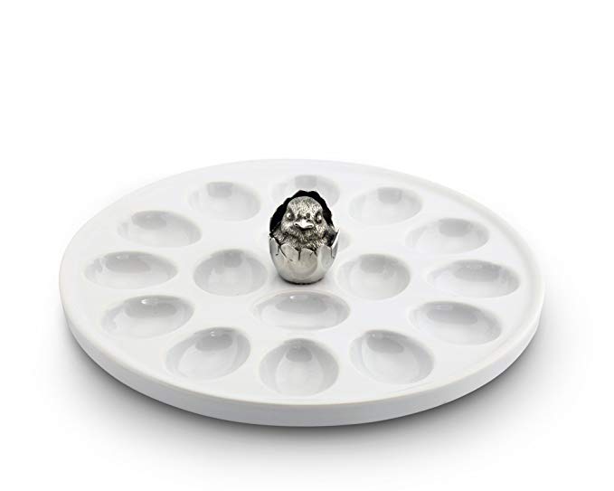 Vagabond House Little Chick Stoneware and Pewter Deviled Egg Holder/Server; 10